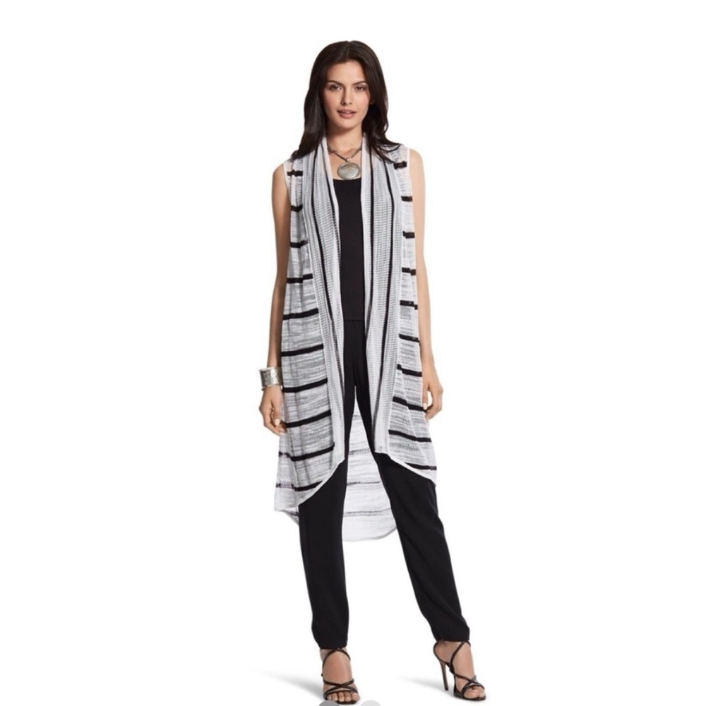Chicos Alana Lightweight Sleeveless Cardigan Vest Black White Striped Size 3/XL